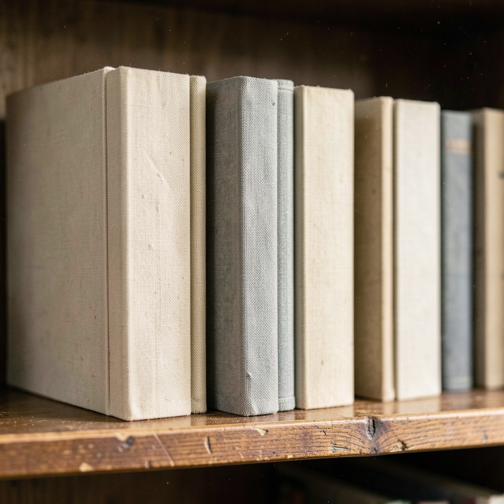 Cloth-bound binders standing on a wooden library shelf in warm side light.