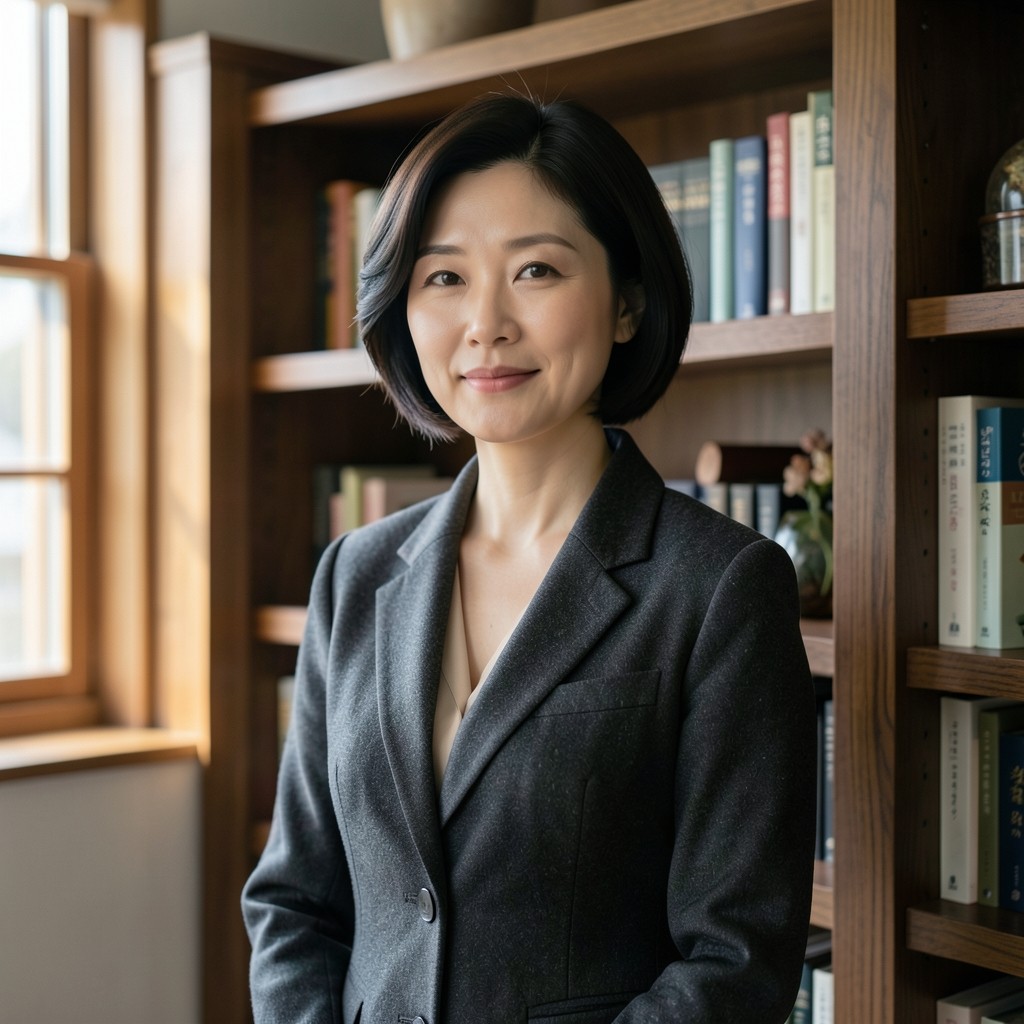 Portrait of a woman in a charcoal jacket standing beside a wooden library shelf.