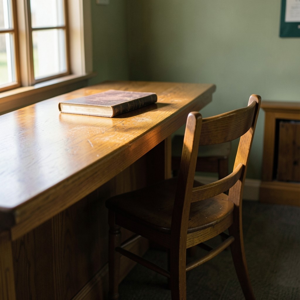 A quiet wooden service counter in a small library, with a ledger book closed and a chair pulled out.