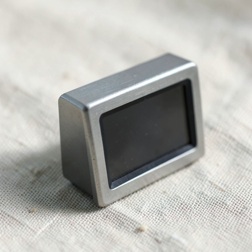 A small unmarked metal device with a dark screen turned slightly away, resting on linen cloth.