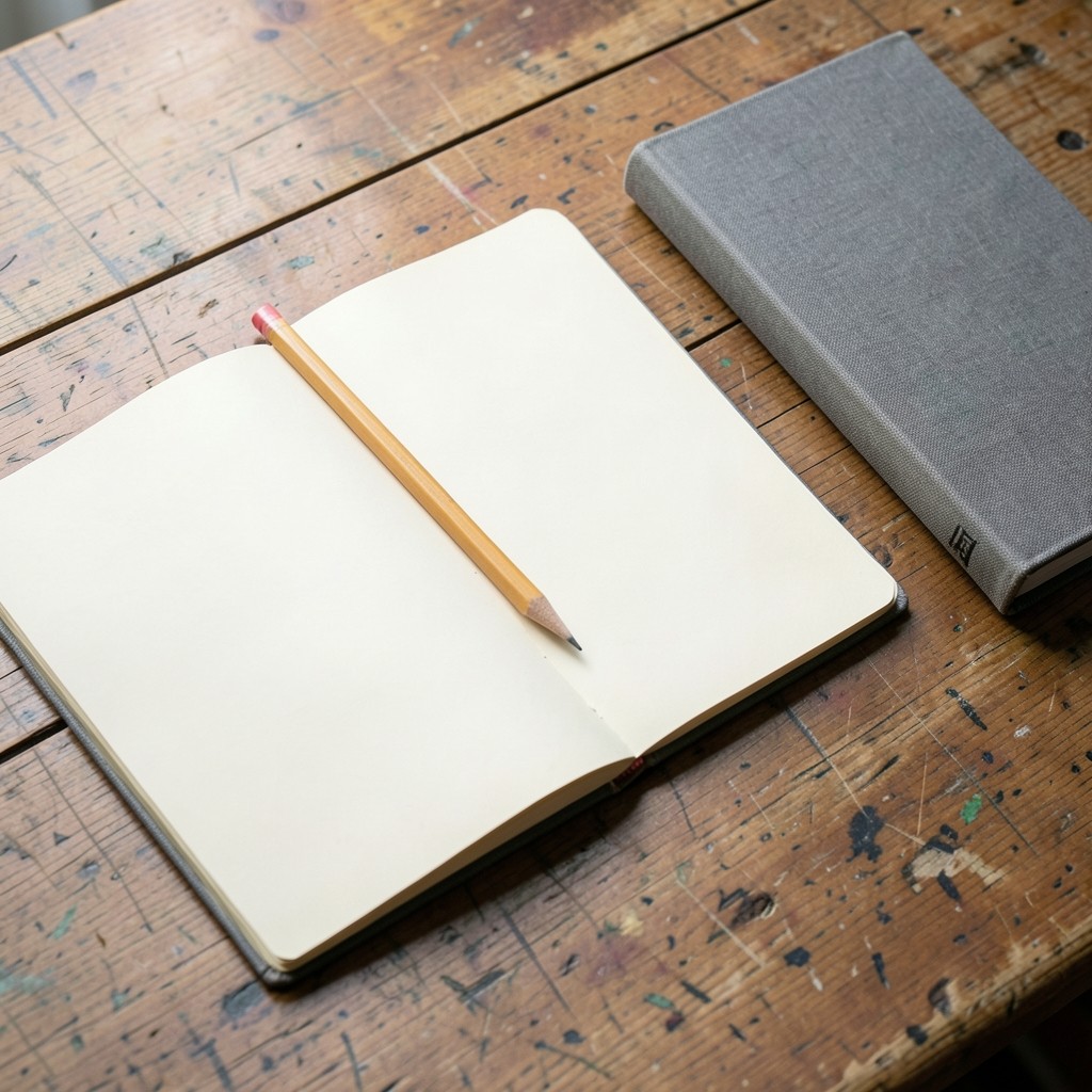 An open blank notebook and a pencil on a wooden desk beside a closed cloth binder.