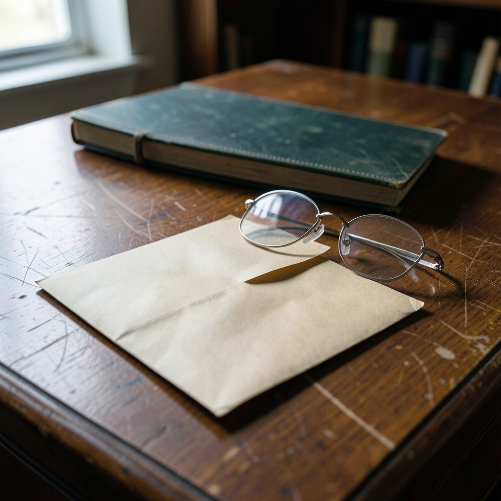 An unopened envelope and a pair of glasses on a library desk, with the envelope face down.