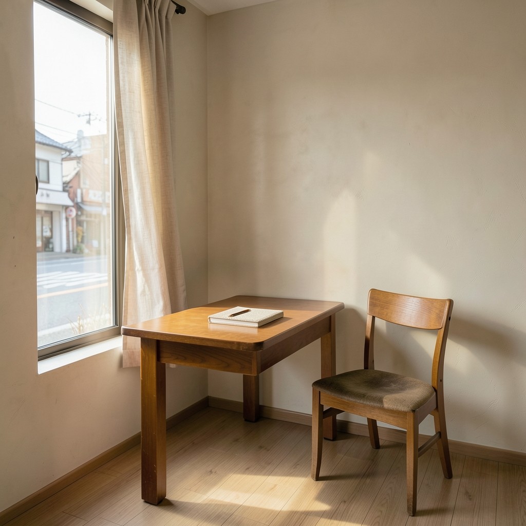 Daylight across a quiet reading room with a wooden desk, a closed notebook, and a window onto a Korean town street.