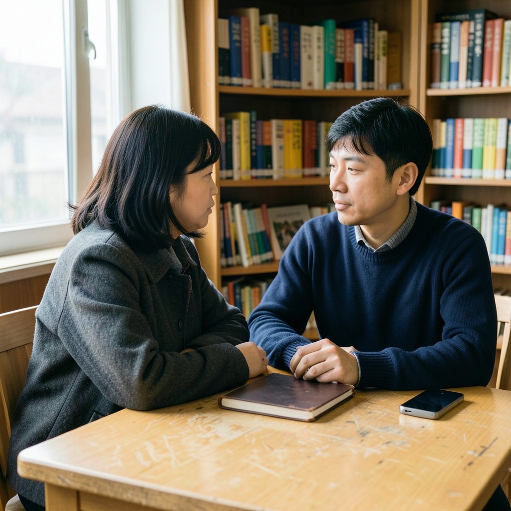 A librarian and one reader at a wooden window desk with a closed notebook and a small metal signer.