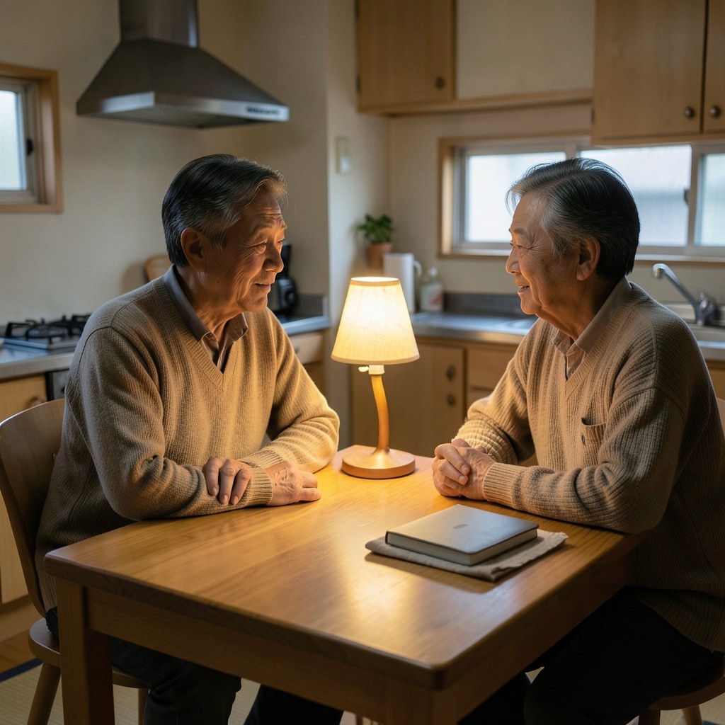 Two adults at a kitchen table with a closed notebook and a small unmarked metal device on linen.