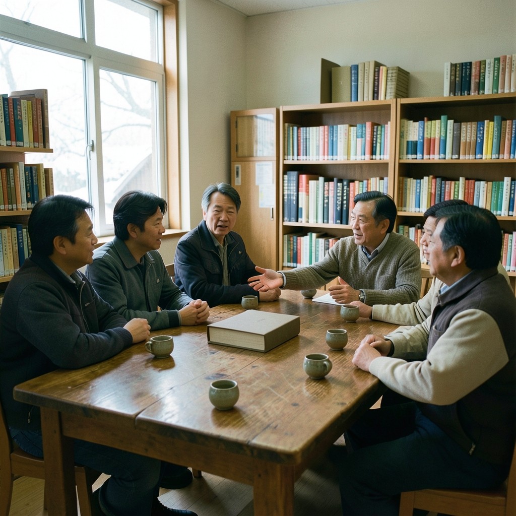 Six adults around an oak library table with closed cloth-bound binders and tea cups.
