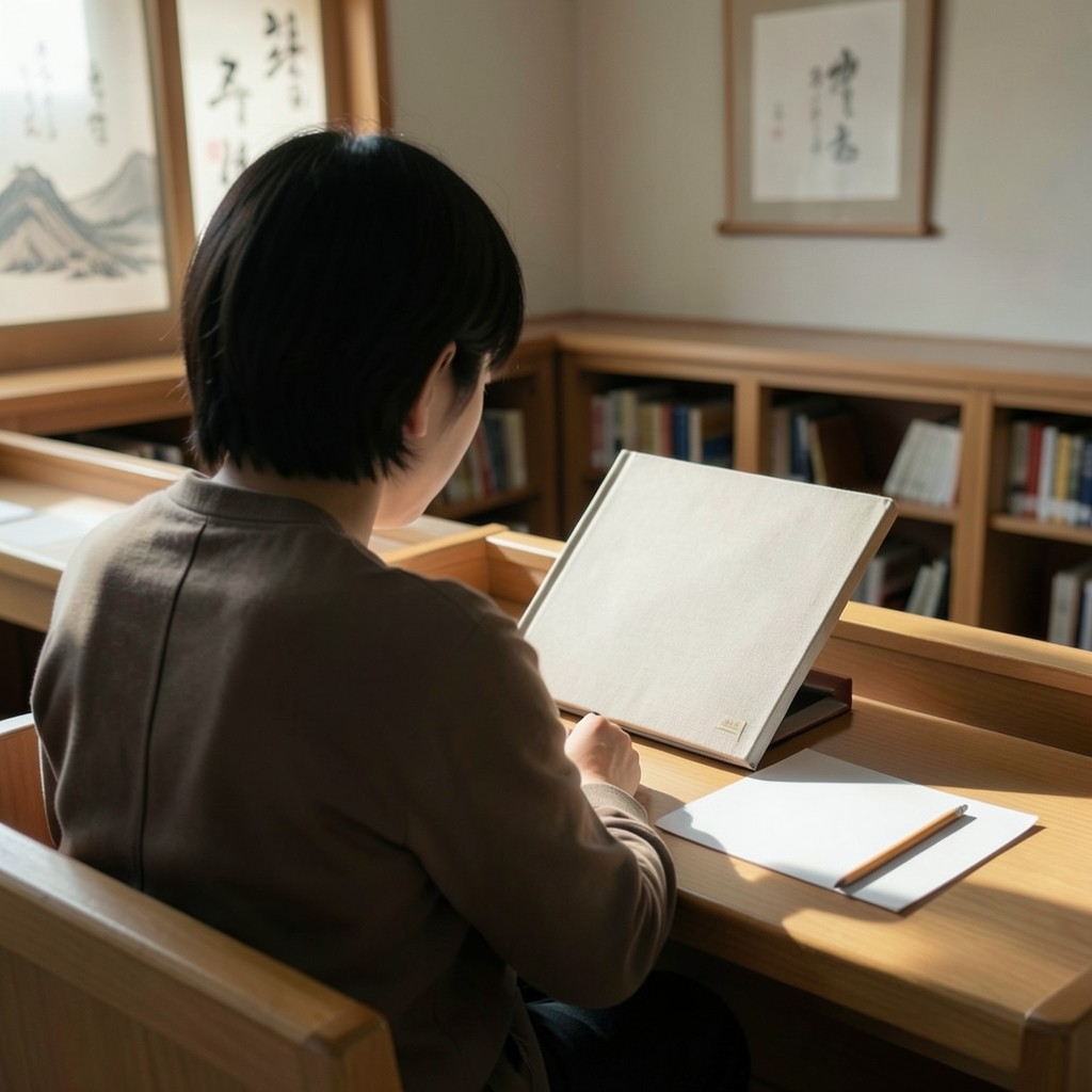 A single reader at a library carrel with a cloth-bound binder and a pencil in morning light.